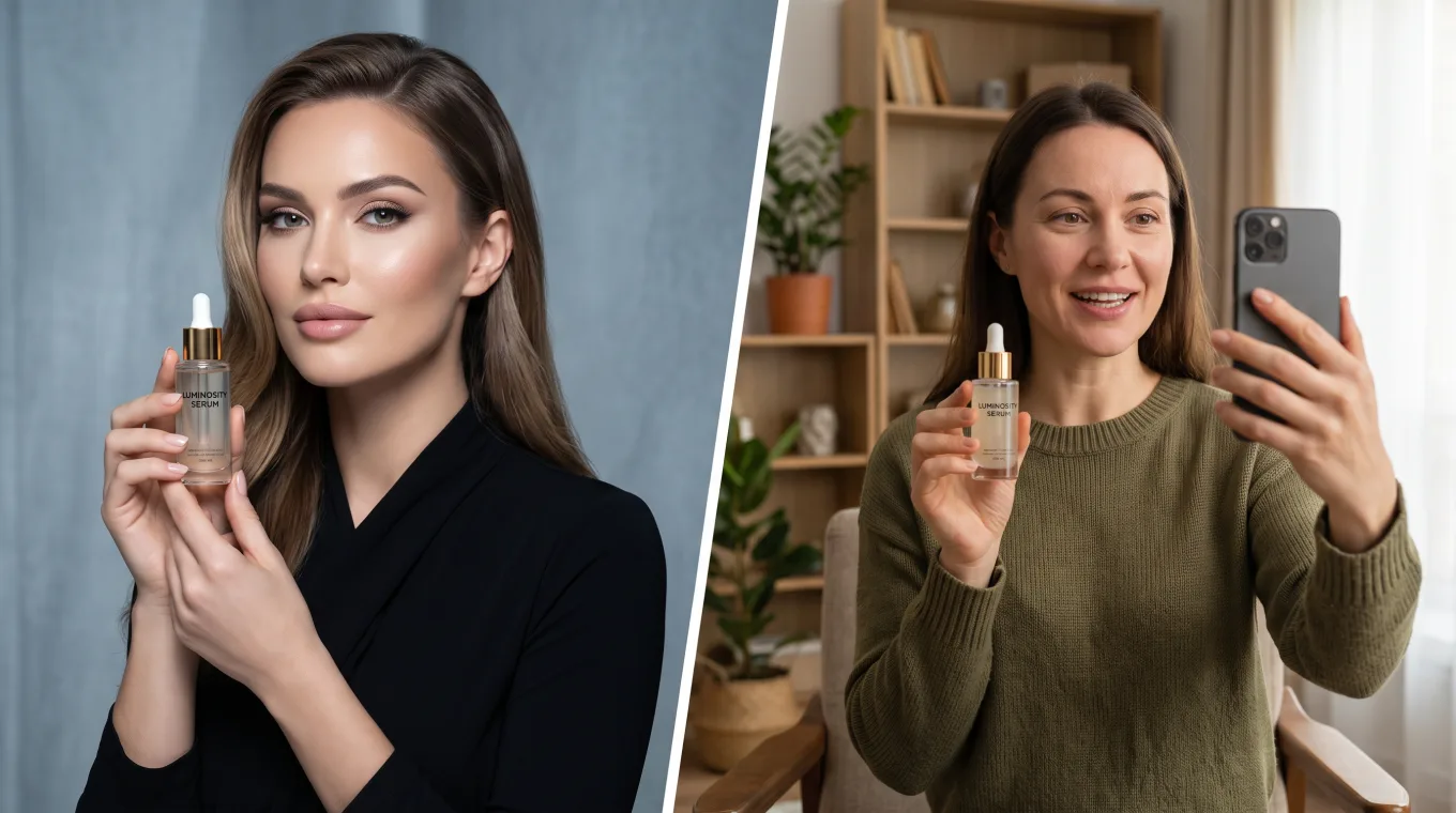 Ліворуч — глянцева реклама, яку гортають. Праворуч — автентичний UGC, який виглядає як щира порада