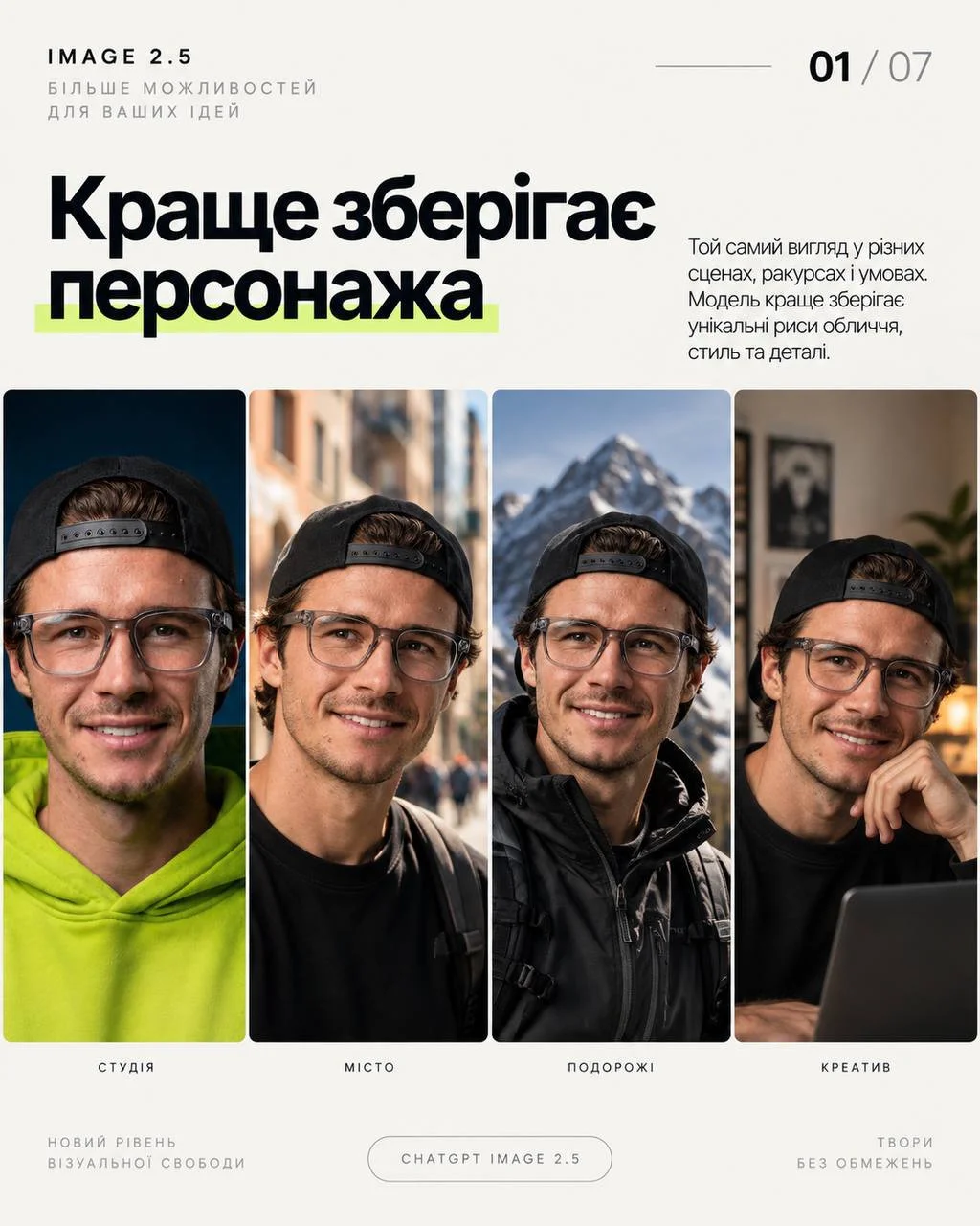 Той самий персонаж у чотирьох різних сценах — студія, місто, подорожі, креатив