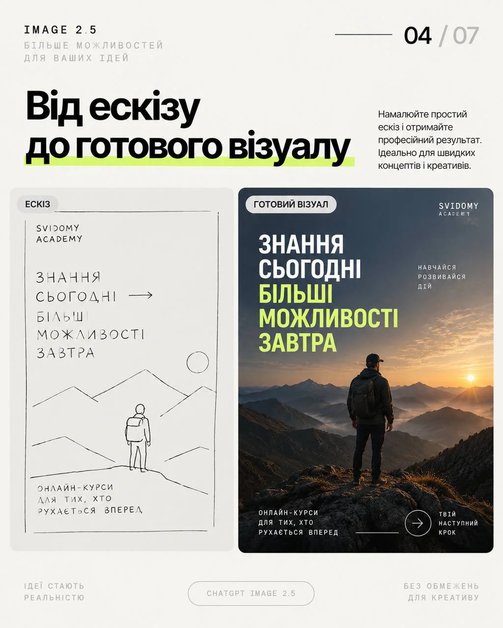 Ліворуч — накиданий від руки ескіз макета, праворуч — готовий постер за ним
