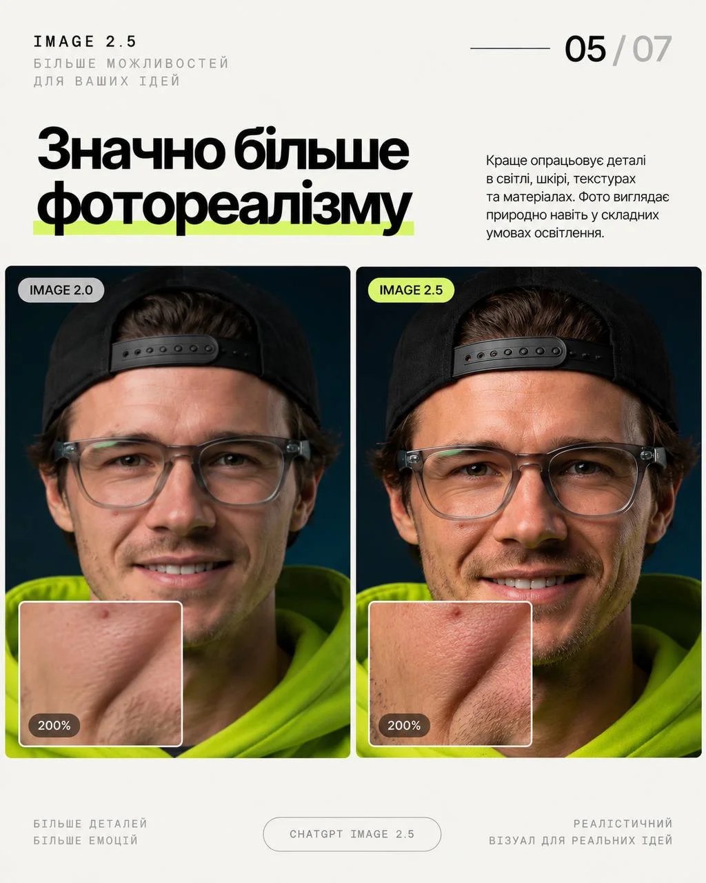 Порівняння Image 2.0 і 2.5 на портреті з наближенням шкіри 200%