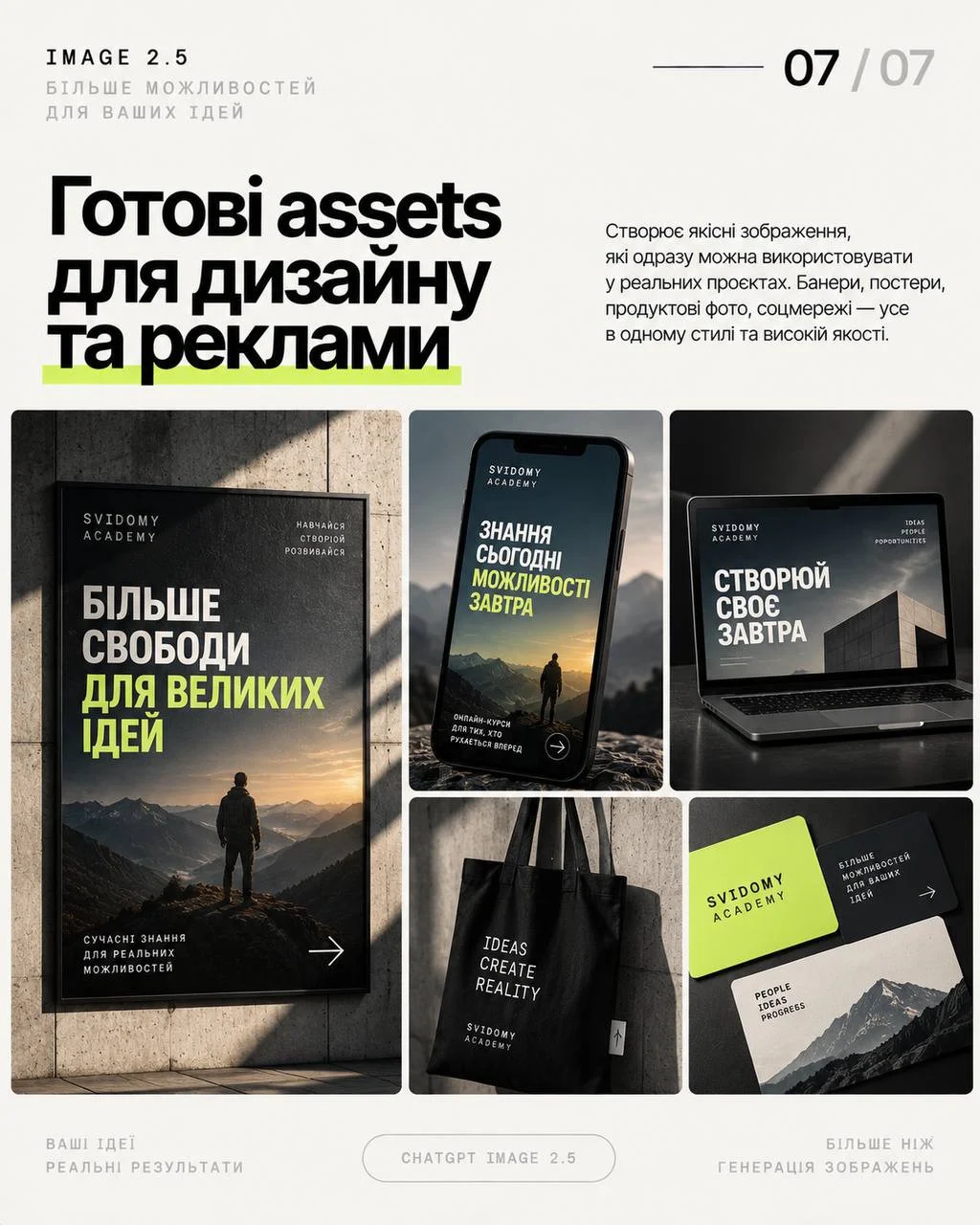 Серія брендованих матеріалів в одному стилі: постер, сторіс, ноутбук, мерч