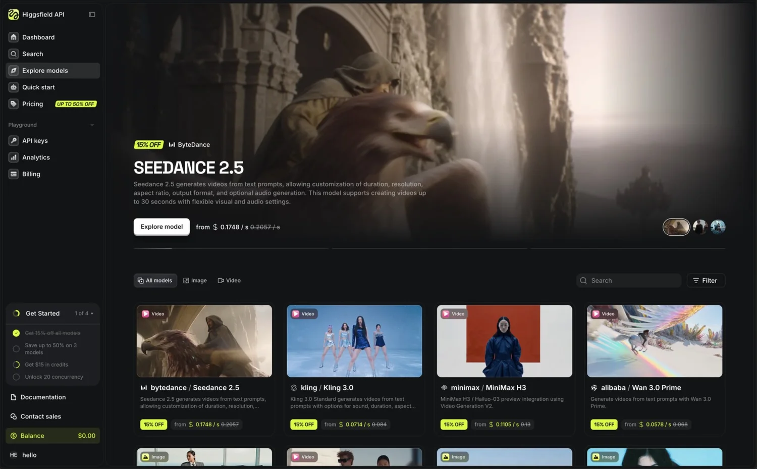 Каталог моделей у Higgsfield API: Seedance 2.5, Kling 3.0, MiniMax H3, Wan 3.0 Prime і десятки інших