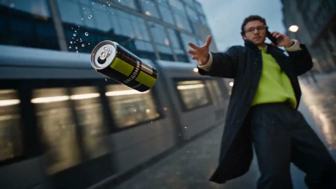 Bullet time: банка в польоті, краплі майже завмерли, трамвай — смуга світла