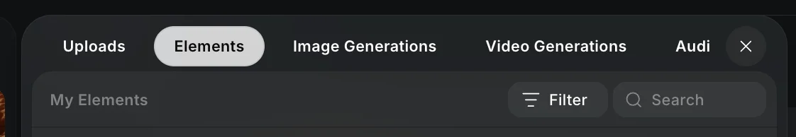 Перемикач вкладок: Uploads, Elements, Image Generations, Video Generations, Audio
